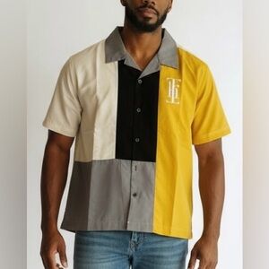 THRT boss camp mens button collar shirt tan/multi Color Block Short Sleeve small